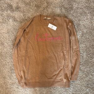 LOFT Tan Sweater with Pink Script